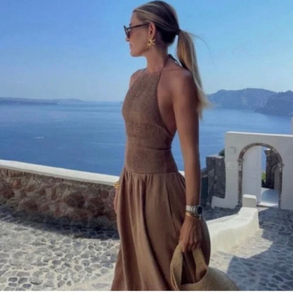 S Zara Midi Flowing Halter Dress brown long sundress resort wear smocked